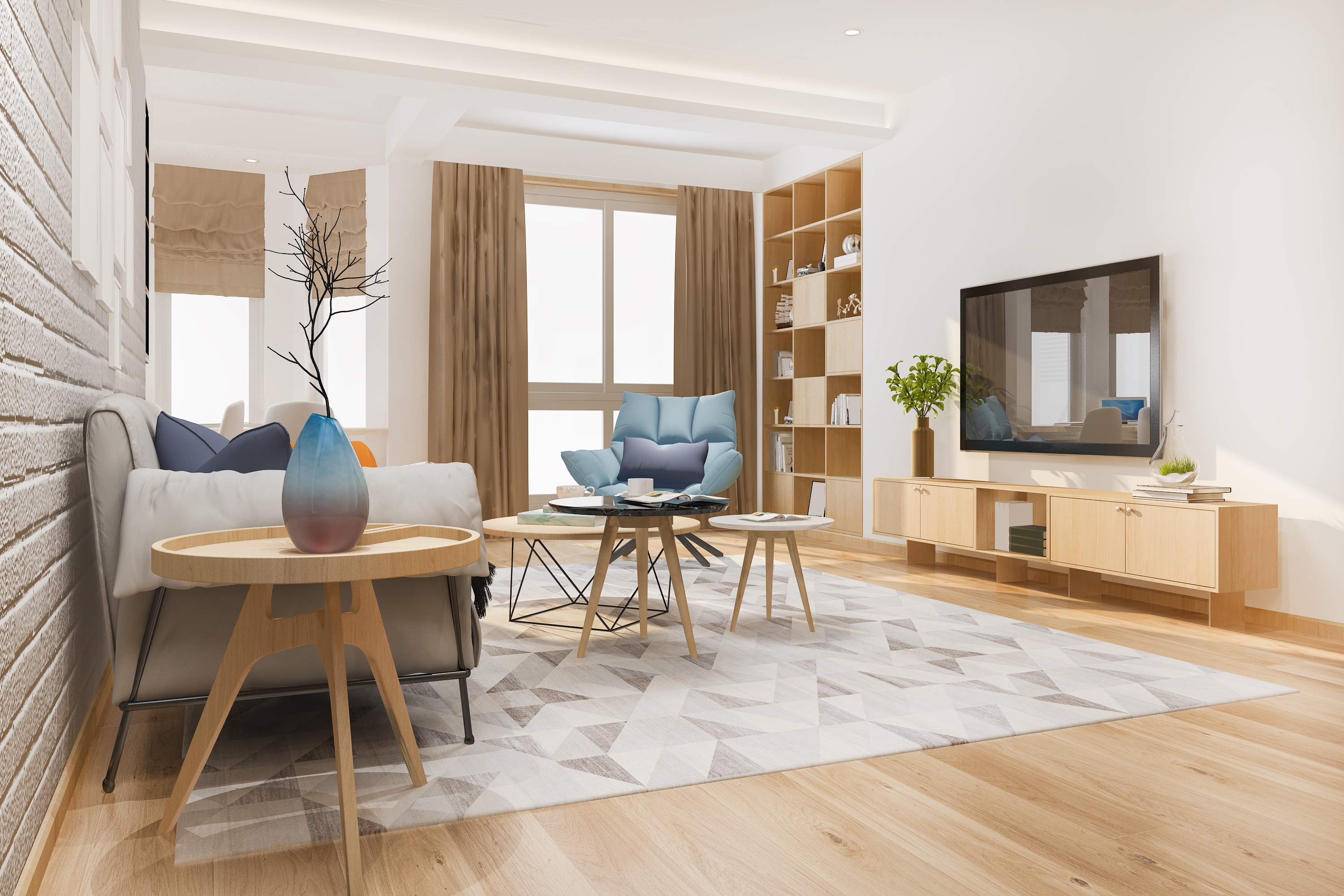 3d rendering loft scandinavian living room with working table bookshelf